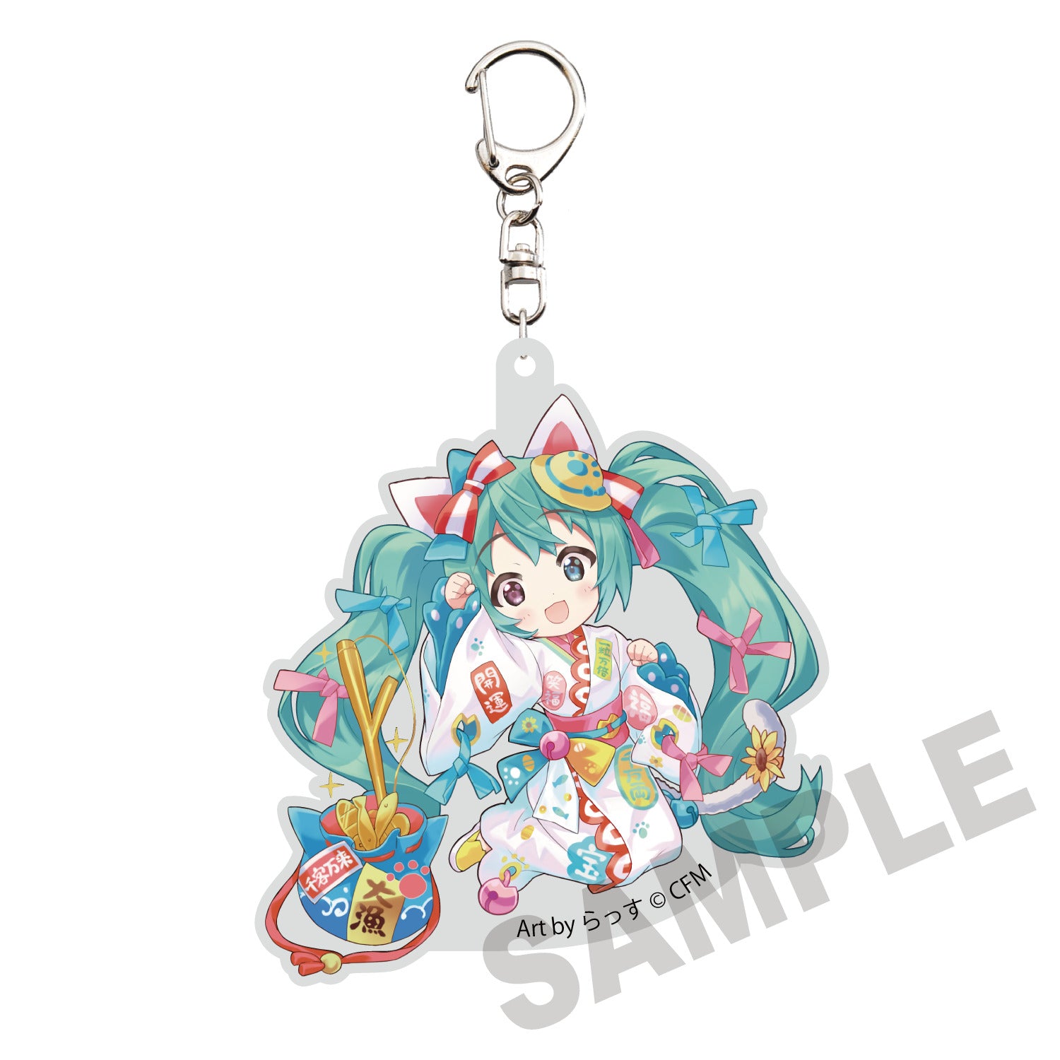 HATSUNE MIKU X MANEKI-NEKO DIE-CUT HATSUNE MIKU WHITE CAT ART BY RASSU ACRYLIC KEYCHAIN